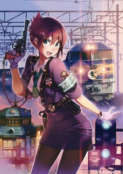Anime picture 1890x2675 with rail wars! sakurai aoi vania600 single long hair tall image blush fringe highres open mouth blue eyes brown hair standing holding girl gloves hair ornament weapon hat shirt