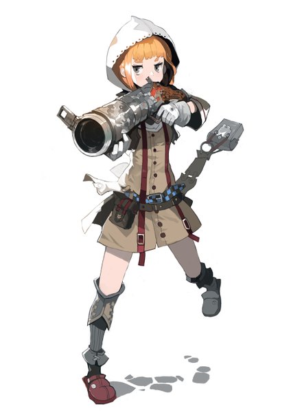 Anime picture 1000x1415 with alchemaniac single tall image short hair simple background white background grey eyes girl gloves weapon gun hood fanny pack