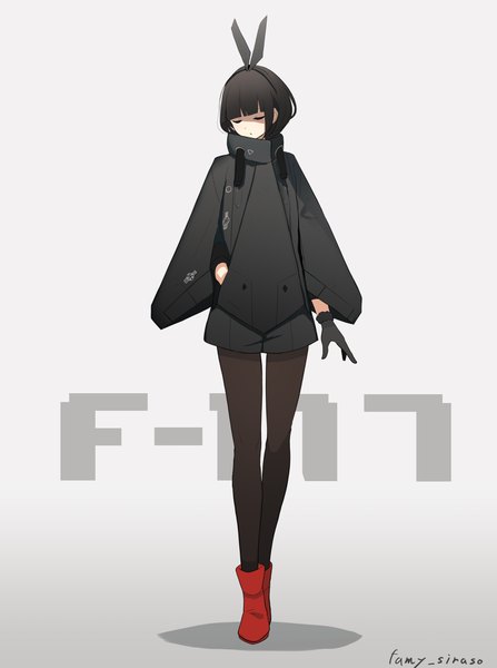 Anime picture 2852x3831 with original fami (yellow skies) single long hair tall image fringe highres black hair standing signed animal ears full body blunt bangs eyes closed long sleeves bunny ears character names twitter username gradient background fake animal ears