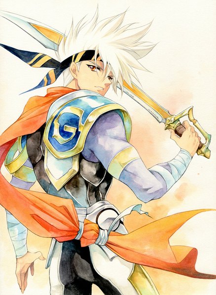 Anime picture 584x800 with langrisser langrisser iv landius (langrisser) agahari single tall image short hair red eyes white hair looking back from behind traditional media spiked hair watercolor (medium) boy weapon sword hairband armor cape