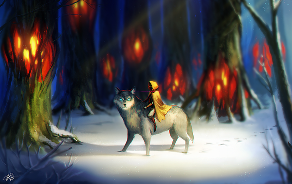Anime picture 1000x632 with roggles blue eyes signed yellow eyes glowing winter snow glowing eye (eyes) footprints ambiguous gender plant (plants) animal tree (trees) hood cape forest wolf