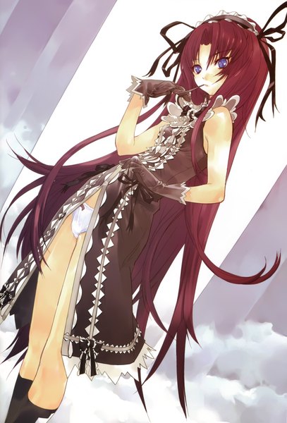 Anime picture 3157x4654 with demonbane etheldreda okazaki takeshi single long hair tall image highres light erotic absurdres red hair undressing girl dress gloves underwear panties ribbon (ribbons) bonnet