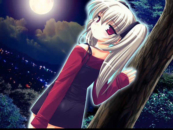 Anime picture 1024x768 with moero downhill night 2 narukami kei emily (pure dream) single long hair fringe hair between eyes red eyes twintails game cg silver hair outdoors looking back night loli girl moon full moon