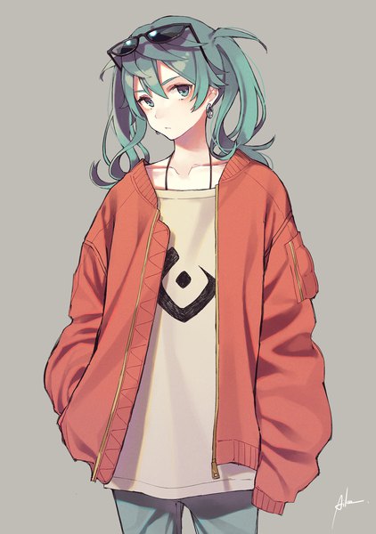Anime picture 1300x1850 with vocaloid suna no wakusei (vocaloid) hatsune miku aiko (aiko 54) single long hair tall image looking at viewer fringe simple background hair between eyes signed long sleeves aqua eyes aqua hair grey background open jacket turning head hand in pocket sunglasses on head