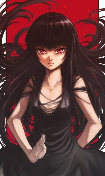 Anime picture 1191x1984 with puma (hyuma1219) single tall image looking at viewer fringe breasts black hair simple background red eyes cleavage very long hair sleeveless hands behind back girl dress black dress