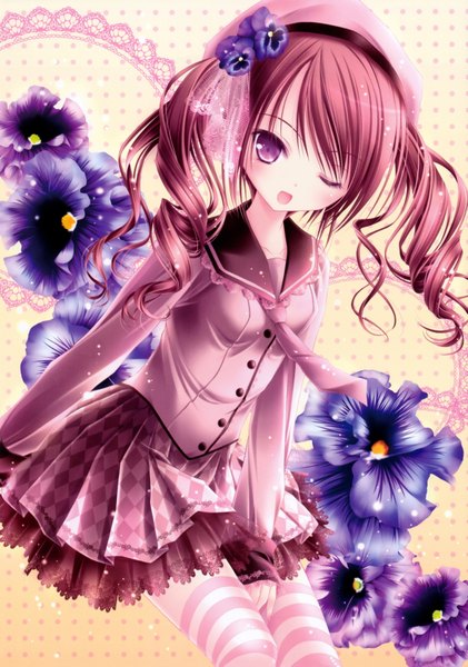 Anime picture 4706x6705 with love kano tinker bell long hair tall image blush highres open mouth purple eyes absurdres red hair one eye closed wink loli drill hair girl thighhighs dress flower (flowers) necktie hairband