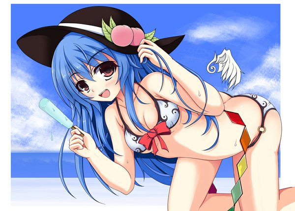 Anime picture 1067x767 with touhou hinanawi tenshi chitosy (artist) single long hair looking at viewer blush breasts open mouth light erotic red eyes blue hair girl bow swimsuit hat bikini food sweets ice cream