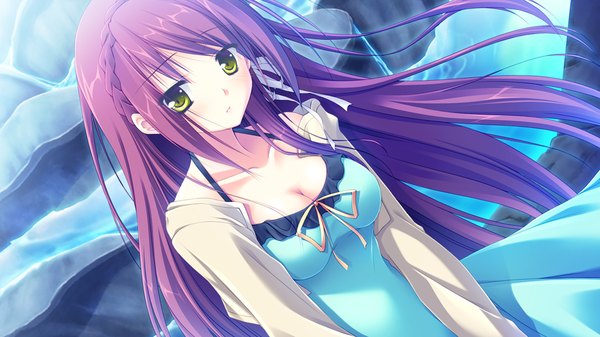 Anime picture 1024x576 with sugirly wish kamira akane long hair wide image green eyes game cg purple hair girl dress