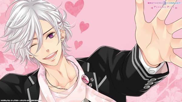 Anime picture 1920x1080 with brothers conflict idea factory asahina tsubaki single highres short hair open mouth smile wide image purple eyes silver hair white hair lying one eye closed wink mole mole under eye spread arms pink background boy