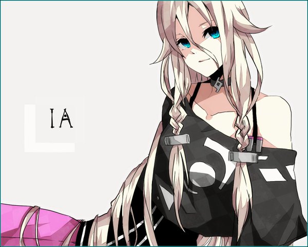 Anime picture 1508x1208 with vocaloid ia (vocaloid) single long hair looking at viewer blonde hair simple background white background bare shoulders braid (braids) aqua eyes light smile twin braids girl hair ornament
