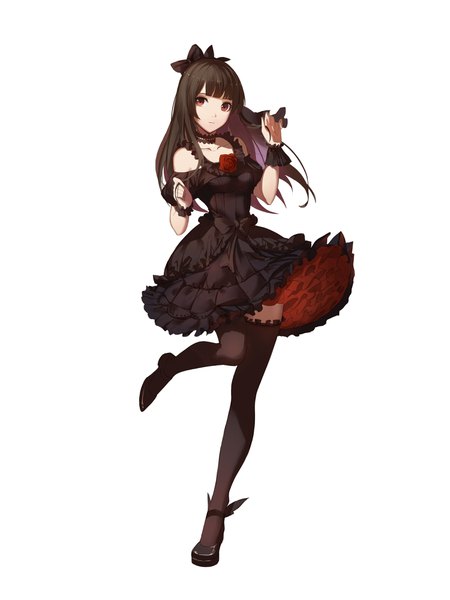 Anime picture 3000x4000 with original red flowers single long hair tall image looking at viewer fringe highres breasts simple background brown hair standing bare shoulders brown eyes full body bent knee (knees) blunt bangs parted lips arms up zettai ryouiki