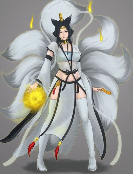 Anime picture 921x1200 with league of legends ahri (league of legends) seiryu zaiten single long hair tall image looking at viewer black hair animal ears tail black eyes magic multiple tails girl navel