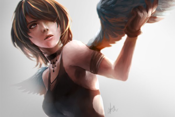 Anime picture 1200x800 with overweight-cat single fringe short hair breasts open mouth brown hair signed looking away parted lips lips hair over one eye grey eyes girl wings