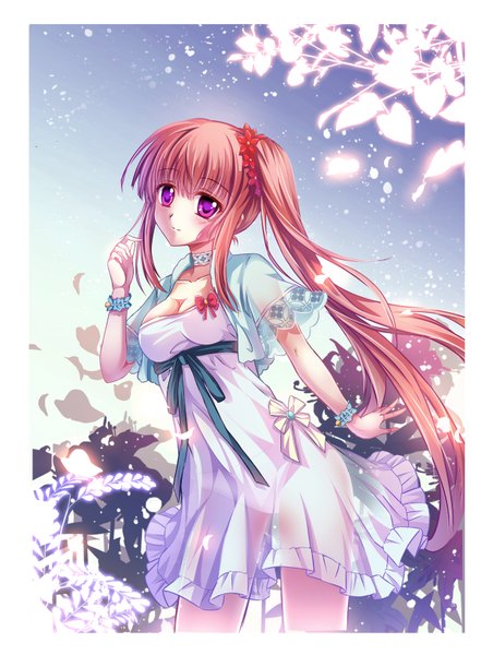 Anime picture 1200x1632 with original miazi single long hair tall image looking at viewer blush brown hair purple eyes ponytail side ponytail girl dress petals