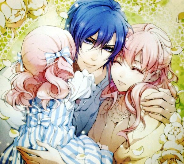 Anime picture 1024x918 with wand of fortune idea factory lulu (wand of fortune) julius fortner usuba kagerou long hair looking at viewer short hair open mouth blue eyes smile blue hair pink hair eyes closed hug back girl dress boy flower (flowers)