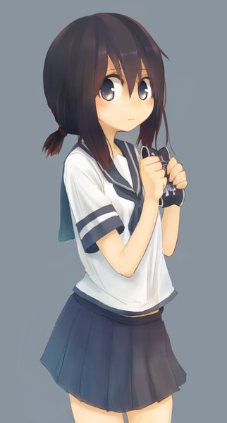 Anime picture 538x1000 with kantai collection fubuki destroyer tsuyumeno single tall image looking at viewer blush fringe short hair simple background brown hair standing holding brown eyes pleated skirt grey background short sleeves girl skirt uniform
