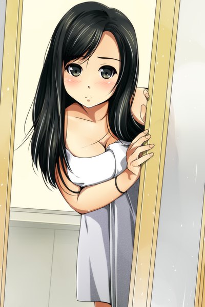 Anime picture 800x1200 with original matsunaga kouyou single long hair tall image looking at viewer blush light erotic black hair brown eyes naked towel peeking girl towel
