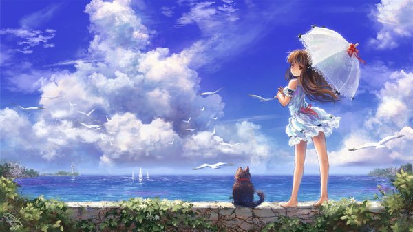 Anime picture 1244x700 with original miyai haruki single long hair looking at viewer brown hair wide image brown eyes sky cloud (clouds) barefoot bare legs turning head horizon scenic girl dress animal sea bird (birds)