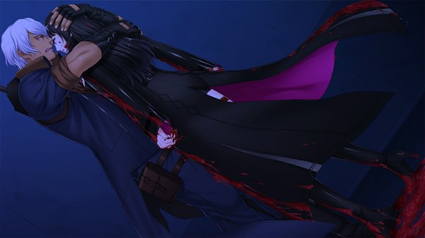 Anime picture 1024x576 with sanzen sekai yuugi nakahara tomoe orion dreadnought long hair short hair open mouth black hair wide image standing purple eyes white hair nail polish night couple hug girl boy gloves fingerless gloves blood