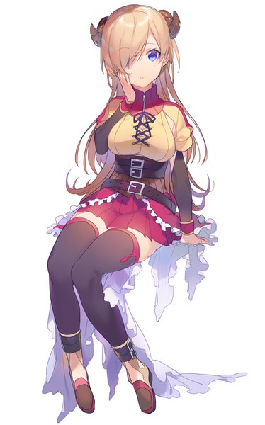 Anime picture 1000x1604 with original heiwa (murasiho) single long hair tall image looking at viewer fringe breasts blue eyes simple background blonde hair white background sitting full body bent knee (knees) pleated skirt horn (horns) hair over one eye arm support zettai ryouiki