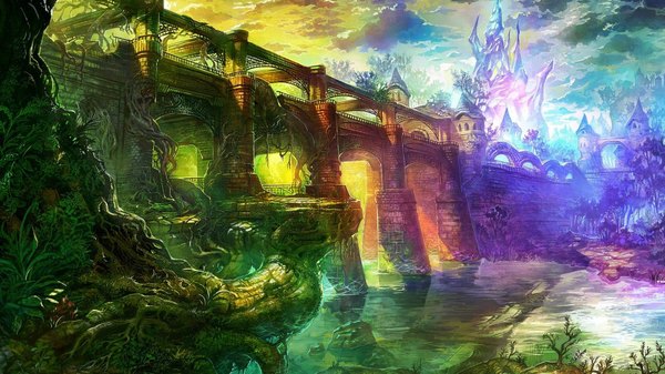 Anime picture 1920x1080 with tagme (artist) highres wide image sky sunlight coloring no people landscape sunbeam nature lake plant (plants) tree (trees) water grass castle bridge