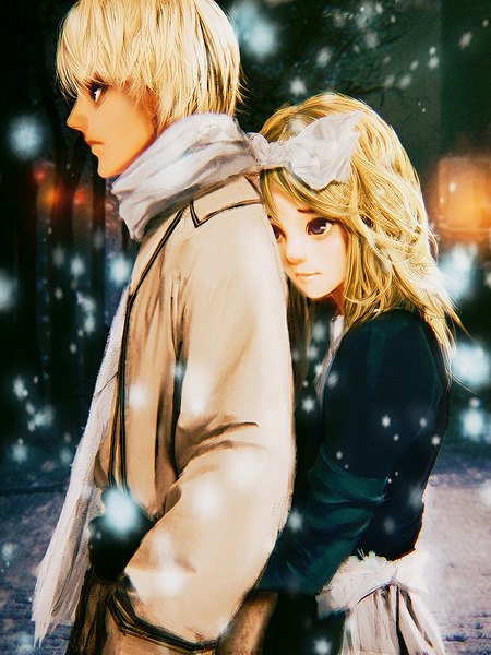 Anime picture 800x1067 with axis powers hetalia studio deen russia (hetalia) belarus (hetalia) cursedapple long hair tall image fringe short hair blonde hair brown eyes looking away profile realistic hug snowing winter snow hug from behind girl