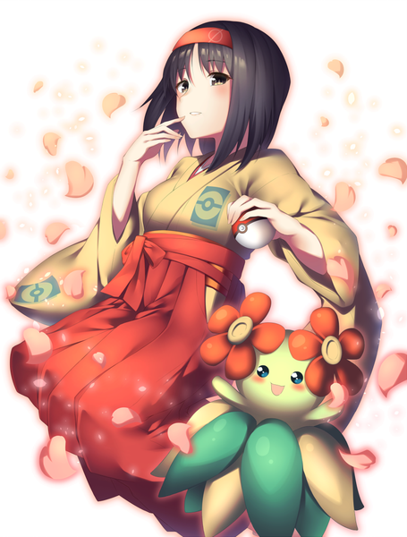 Anime picture 776x1023 with pokemon nintendo erika (pokemon) bellossom yomono single tall image looking at viewer blush fringe short hair black hair simple background white background holding green eyes bent knee (knees) traditional clothes parted lips japanese clothes