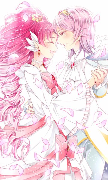 Anime picture 850x1416 with precure go! princess precure toei animation akagi towa cure scarlet prince kanata ayumaru (art of life) long hair tall image short hair open mouth simple background smile white background pink hair purple hair ponytail eyes closed profile pointy ears