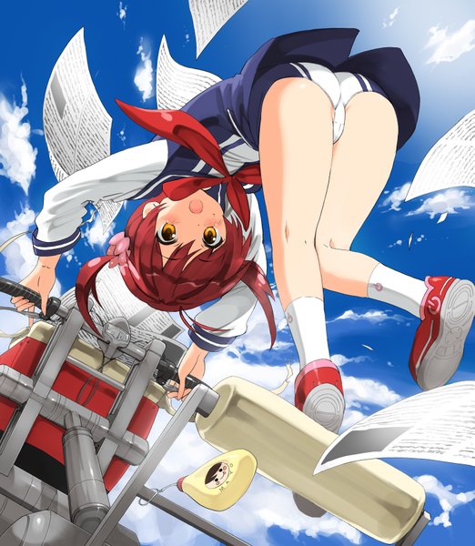 Anime picture 1523x1750 with vividred operation isshiki momo metallican tall image blush short hair open mouth light erotic twintails sky cloud (clouds) ass red hair orange eyes short twintails girl uniform underwear panties school uniform