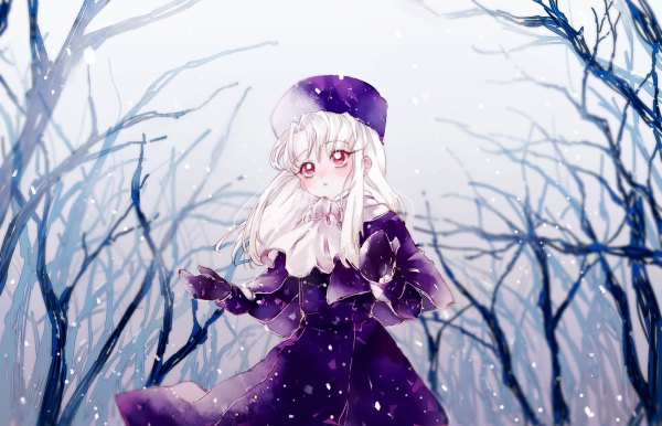 Anime picture 1200x772 with fate (series) illyasviel von einzbern ahma single long hair blush fringe red eyes looking away white hair snowing winter bare tree girl plant (plants) tree (trees) scarf coat cap mittens