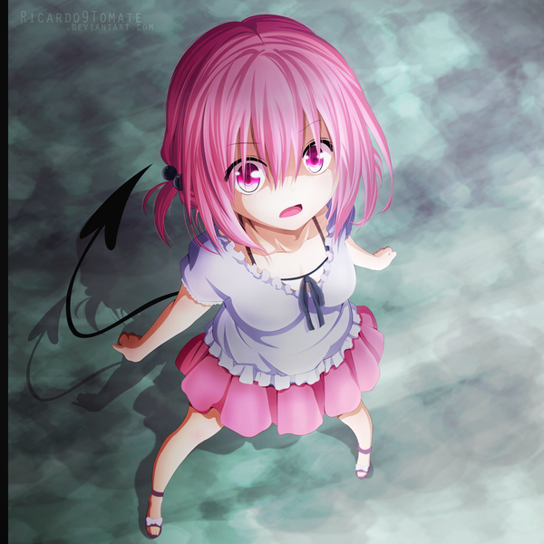 Anime picture 2000x2000 with toloveru toloveru darkness xebec momo velia deviluke ric9duran single highres short hair open mouth pink hair pleated skirt pink eyes from above shadow coloring demon tail girl