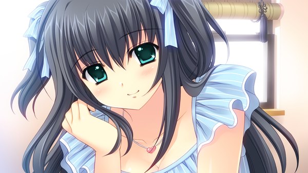 Anime picture 1280x720 with shuffle! yae sakura (shuffle!) long hair blush blue eyes black hair smile wide image twintails game cg short twintails girl ribbon (ribbons) hair ribbon sundress