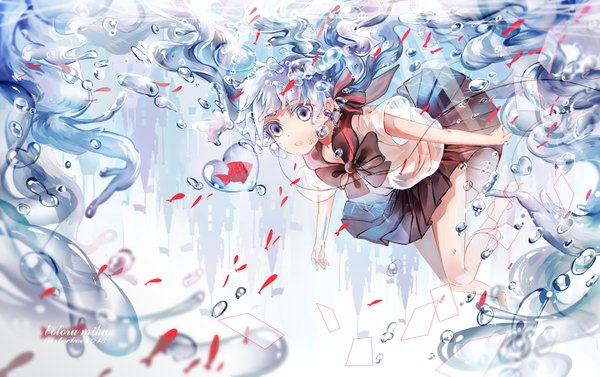 Anime picture 1440x907 with vocaloid hatsune miku bottle miku instockee single long hair fringe open mouth twintails blue hair very long hair pleated skirt barefoot inscription teeth underwater revision multicolored eyes architecture liquid hair