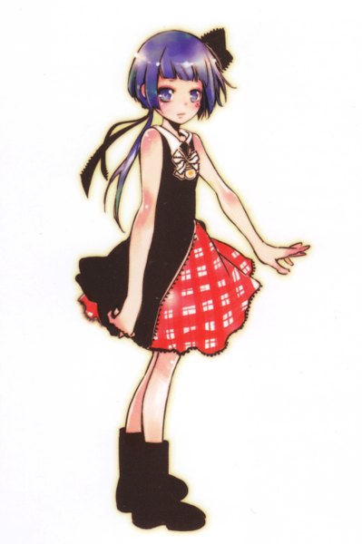 Anime picture 3409x5122 with katekyou hitman reborn uni (khr) amano akira single long hair tall image looking at viewer highres standing white background purple eyes bare shoulders absurdres purple hair ponytail scan official art girl dress bow