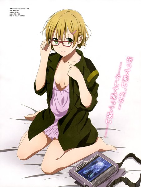 Anime picture 3095x4100 with shirogane no ishi argevollen jamie hazaford single tall image looking at viewer highres short hair light erotic blonde hair smile white background sitting green eyes absurdres scan official art wariza adjusting glasses girl glasses