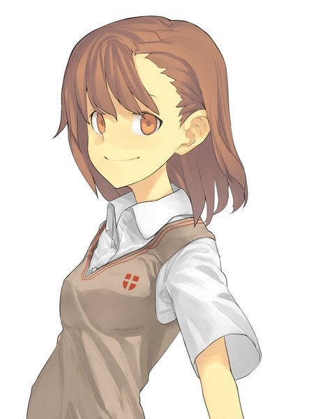 Anime picture 750x1000 with to aru kagaku no railgun j.c. staff misaka mikoto hama2224 single tall image looking at viewer fringe short hair simple background smile brown hair white background brown eyes girl uniform school uniform