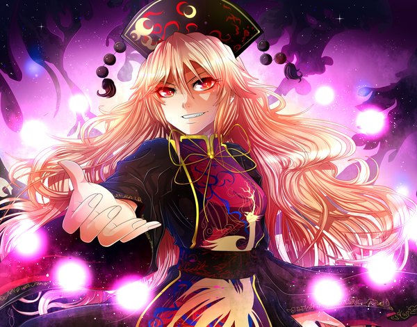 Anime picture 2370x1860 with touhou junko (touhou) invidiata single long hair looking at viewer fringe highres blonde hair smile red eyes fingernails magic glowing outstretched hand girl headdress tabard