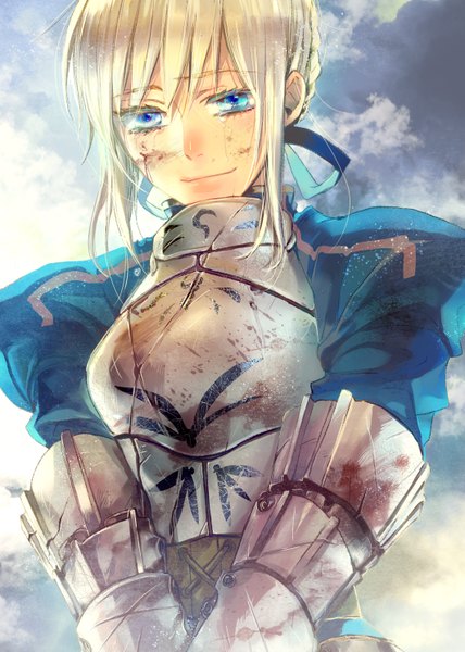 Anime picture 2122x2976 with fate (series) fate/stay night studio deen type-moon artoria pendragon (all) saber kasu (artist) single tall image highres blue eyes blonde hair smile sky cloud (clouds) crying girl armor blood