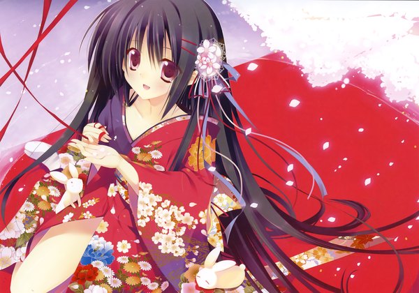 Anime picture 4604x3227 with original eshi 100-nin ten sakura hanpen single long hair blush highres open mouth black hair red eyes absurdres traditional clothes cherry blossoms girl hair ornament ribbon (ribbons) petals