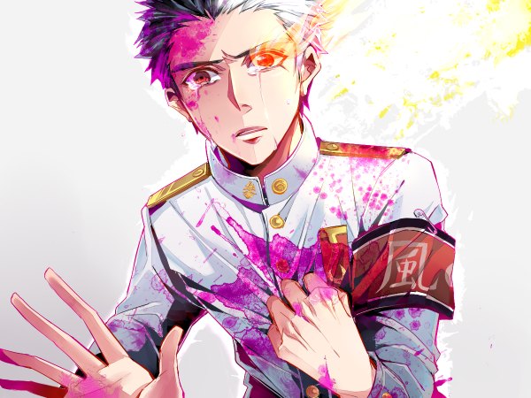 Anime picture 1200x900 with dangan ronpa ishimaru kiyotaka tianliang (tenryou) single short hair simple background red eyes holding parted lips grey hair grey background tears glowing eyebrows glowing eye (eyes) outstretched hand crying yellow background sad frown