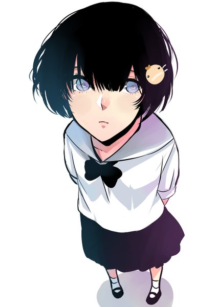 Anime picture 900x1273 with original hiruna454 single tall image fringe short hair blue eyes black hair simple background standing white background hands behind back girl uniform hair ornament school uniform socks hairclip white socks