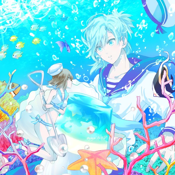 Anime picture 1600x1600 with uta no prince-sama a-1 pictures nanami haruka (uta no prince-sama) mikaze ai yoshiyoshi (yuyu0805p) long hair short hair blue eyes light erotic brown hair holding bent knee (knees) profile aqua eyes sunlight aqua hair pale skin underwater eye contact girl