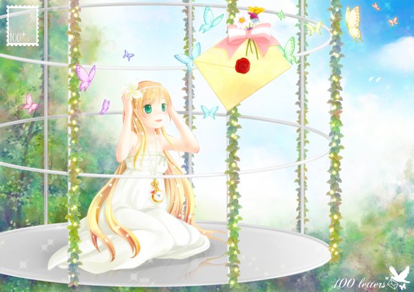 Anime picture 1518x1075 with original ahira yuzu single long hair blonde hair bare shoulders green eyes girl dress bow insect butterfly cage