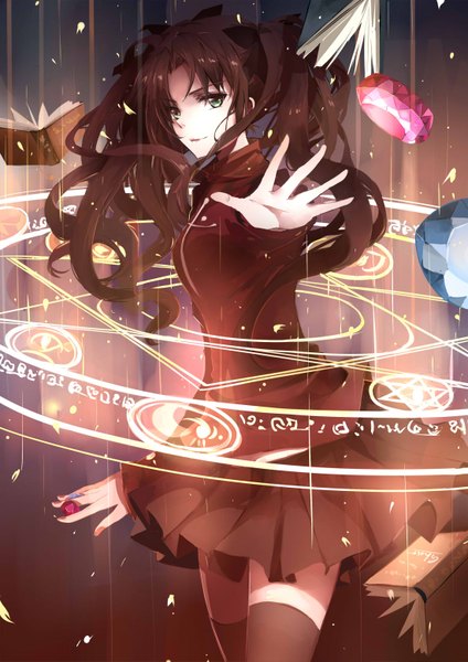 Anime picture 1100x1555 with fate (series) fate/stay night type-moon toosaka rin ghost (ghost528) single long hair tall image looking at viewer fringe brown hair twintails green eyes pleated skirt fingernails light smile zettai ryouiki magic girl skirt