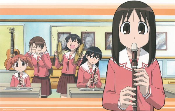 Anime picture 1907x1218 with azumanga daioh j.c. staff kasuga ayumu mihama chiyo takino tomo sakaki mizuhara koyomi long hair highres short hair black hair eyes closed black eyes girl skirt uniform school uniform glasses musical instrument recorder