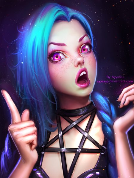 Anime picture 1536x2048 with league of legends jinx (league of legends) ayyasap single long hair tall image looking at viewer open mouth blue hair nail polish pink eyes fingernails realistic lipstick eyeshadow pink lipstick freckles blue nail polish girl
