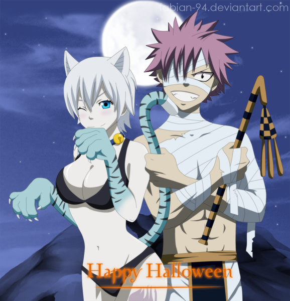 Anime picture 1000x1038 with fairy tail natsu dragneel lisanna strauss fabiansm tall image blush short hair blue eyes light erotic smile animal ears pink hair cloud (clouds) white hair one eye closed wink black eyes cat ears inscription cat girl