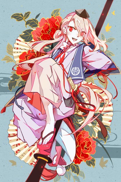 Anime picture 1000x1499 with touken ranbu nitroplus ima-no-tsurugi niaoniao single long hair tall image fringe open mouth smile red eyes looking away silver hair full body traditional clothes japanese clothes hair over one eye from below leg lift (legs lift) boy