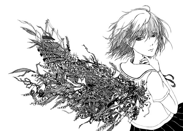 Anime picture 1500x1072 with original yokan ko (artist) short hair simple background white background white hair looking back black eyes monochrome choking girl hair ornament bow ribbon (ribbons) plant (plants) wings frills bracelet hairclip feather (feathers)