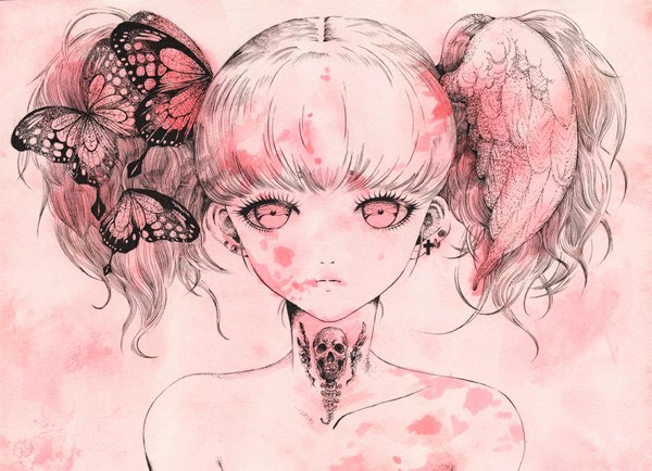 Anime picture 1000x724 with original charmal (pixiv) single long hair looking at viewer fringe bare shoulders pink eyes tattoo monochrome portrait short twintails wavy hair pink background head wings girl earrings wings insect butterfly